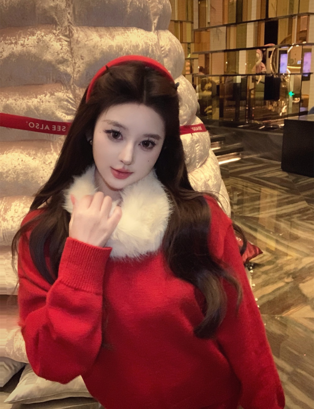 Thick twist sweater fur collar shorts 4pcs set