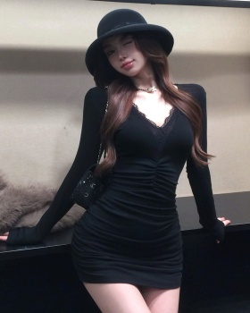 Splice long sleeve package hip fold V-neck dress for women