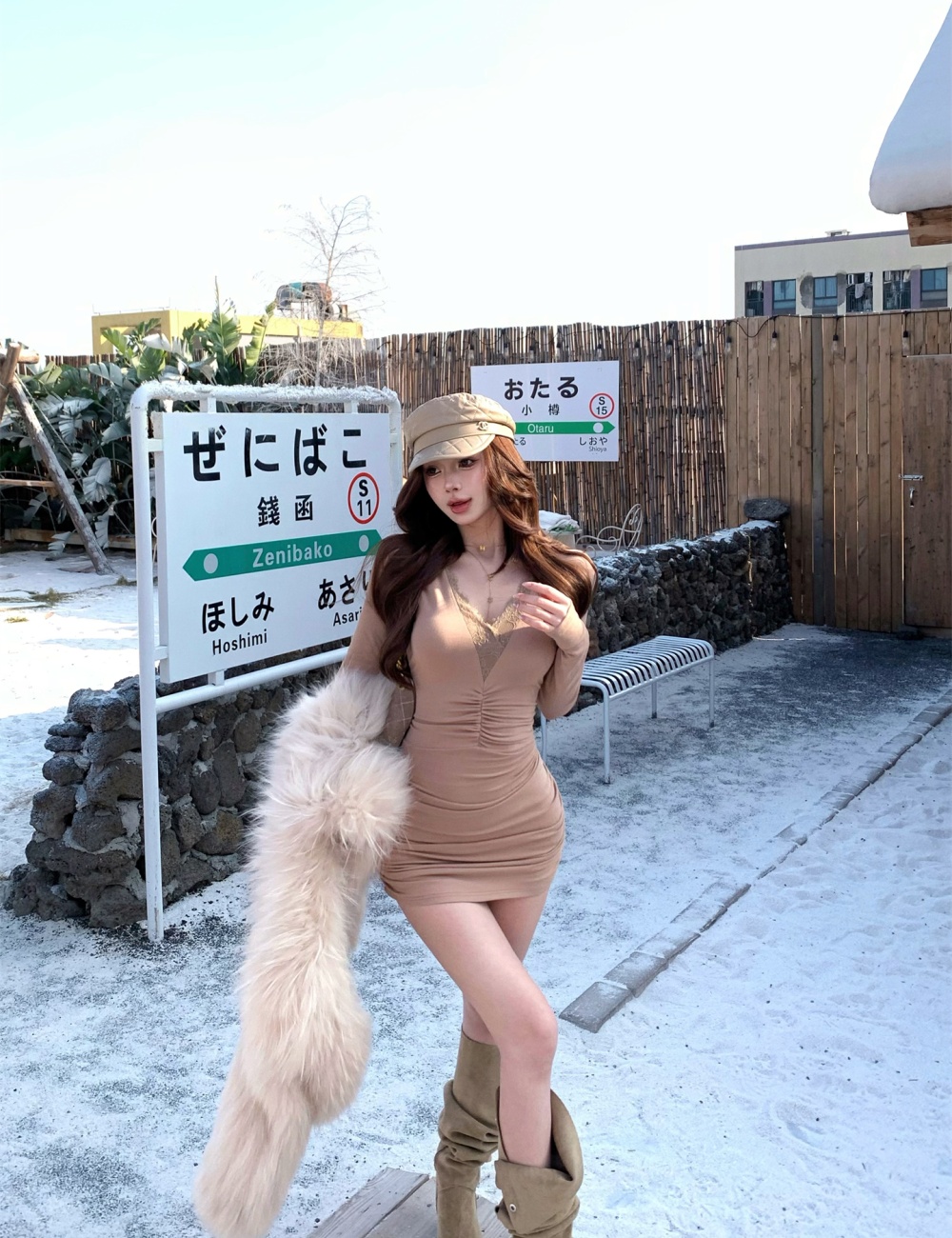 Splice long sleeve package hip fold V-neck dress for women