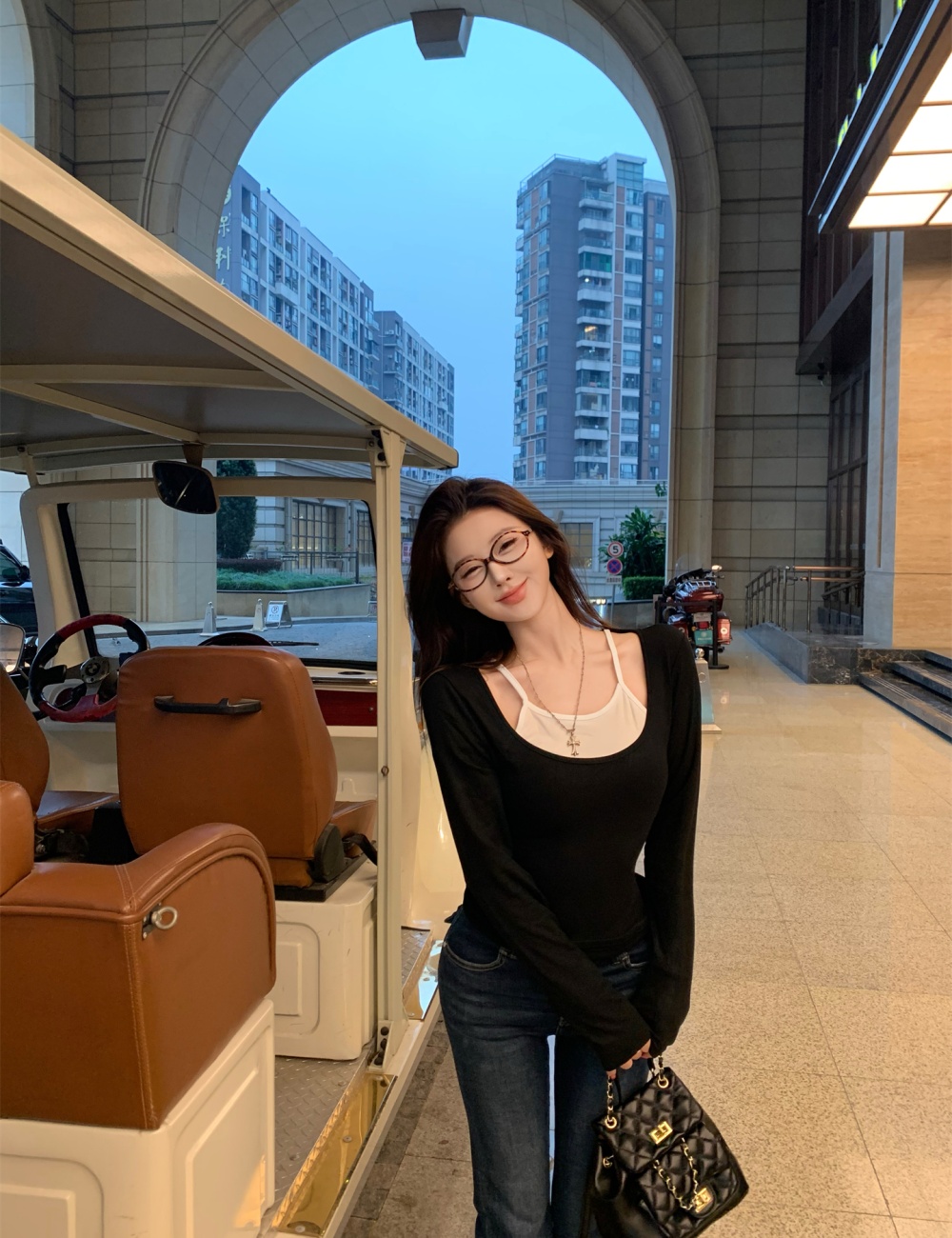 Pseudo-two sexy tops slim V-neck T-shirt for women