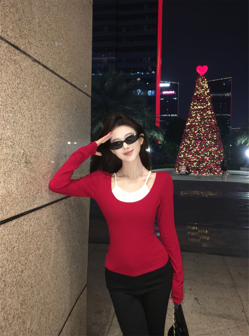 Pseudo-two sexy tops slim V-neck T-shirt for women