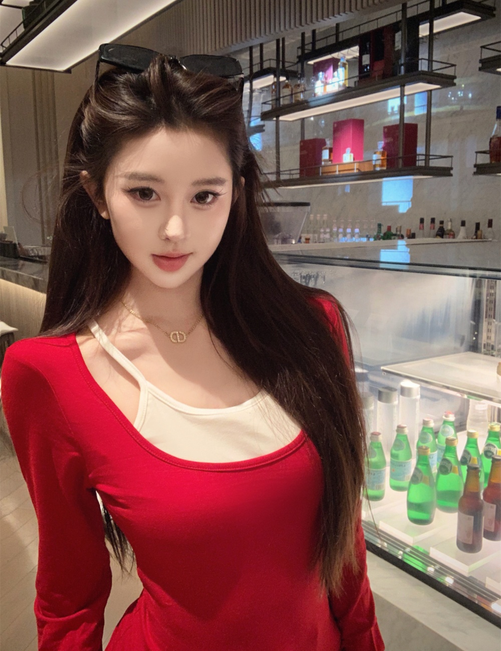 Pseudo-two sexy tops slim V-neck T-shirt for women