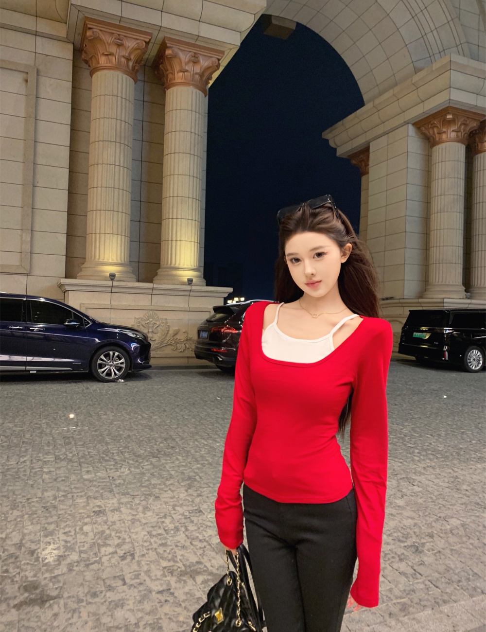 Pseudo-two sexy tops slim V-neck T-shirt for women