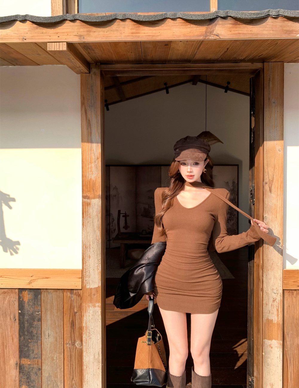 Sexy V-neck slim T-back autumn and winter package hip dress