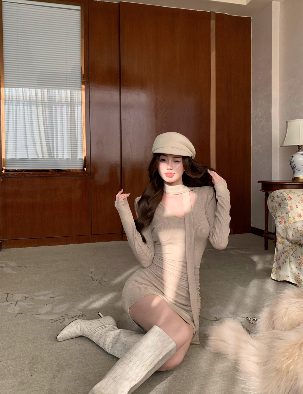 Sexy V-neck slim T-back autumn and winter package hip dress