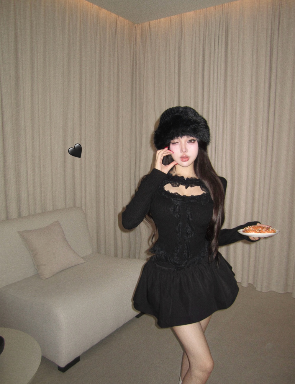 Korean style unique tops hollow short skirt 2pcs set