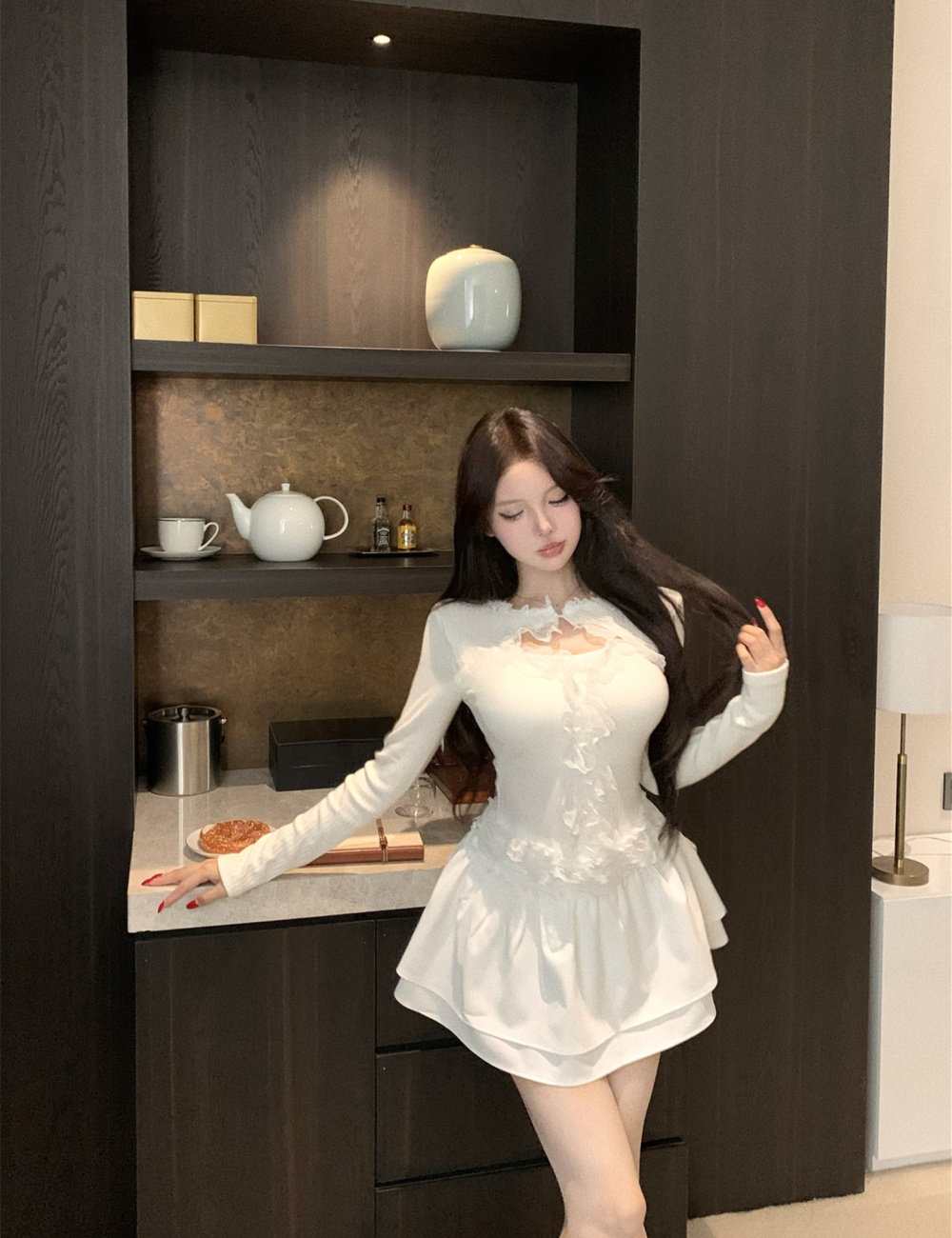 Korean style unique tops hollow short skirt 2pcs set