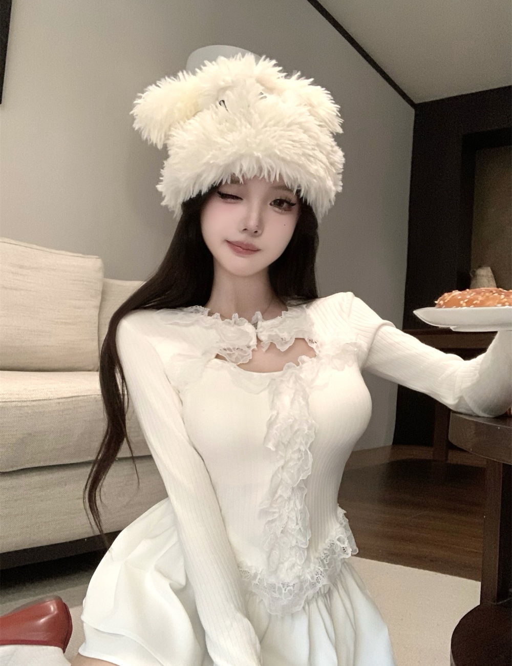 Korean style unique tops hollow short skirt 2pcs set