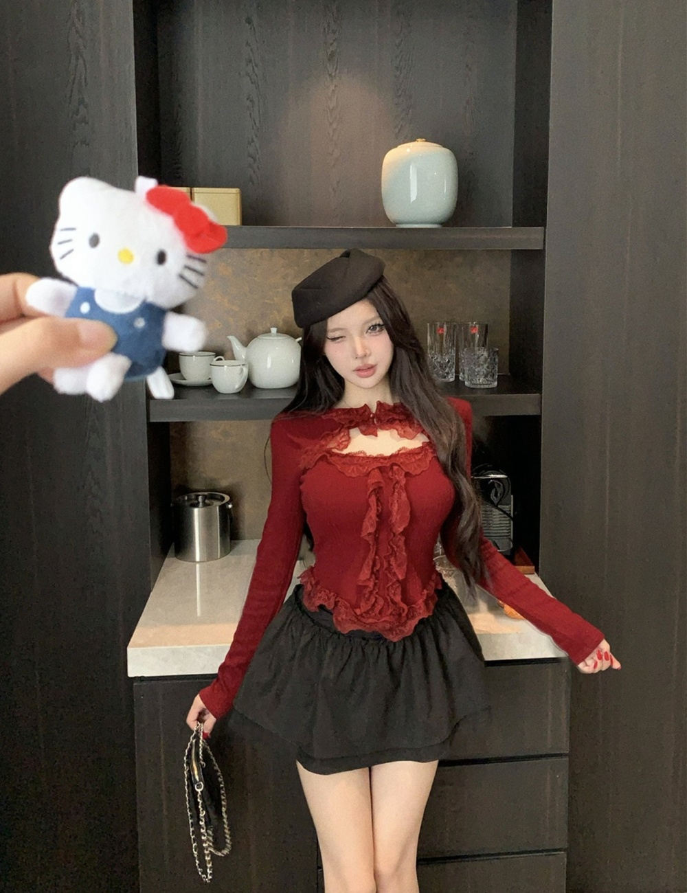 Korean style unique tops hollow short skirt 2pcs set