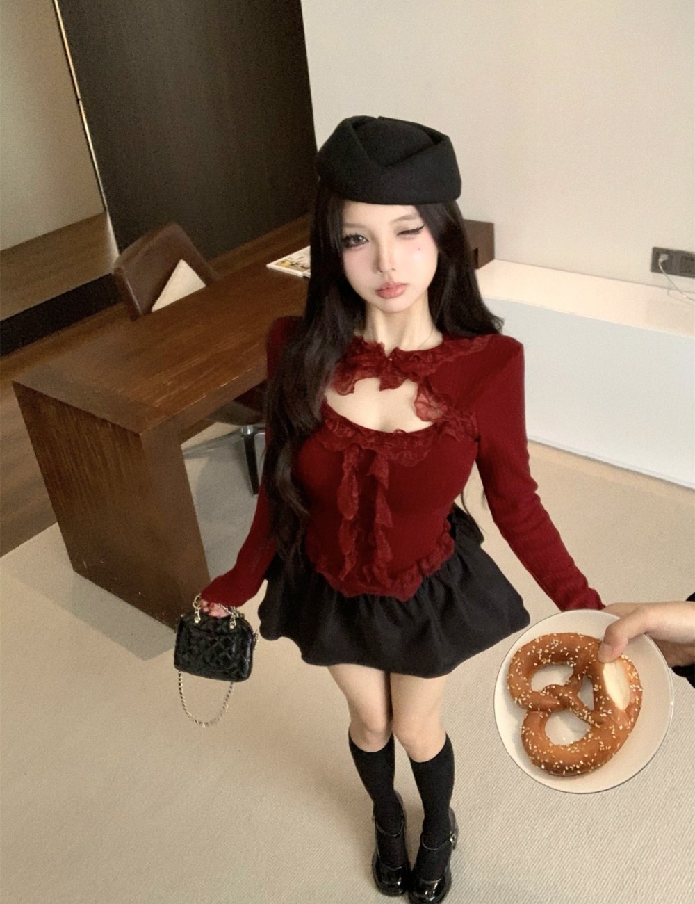 Korean style unique tops hollow short skirt 2pcs set