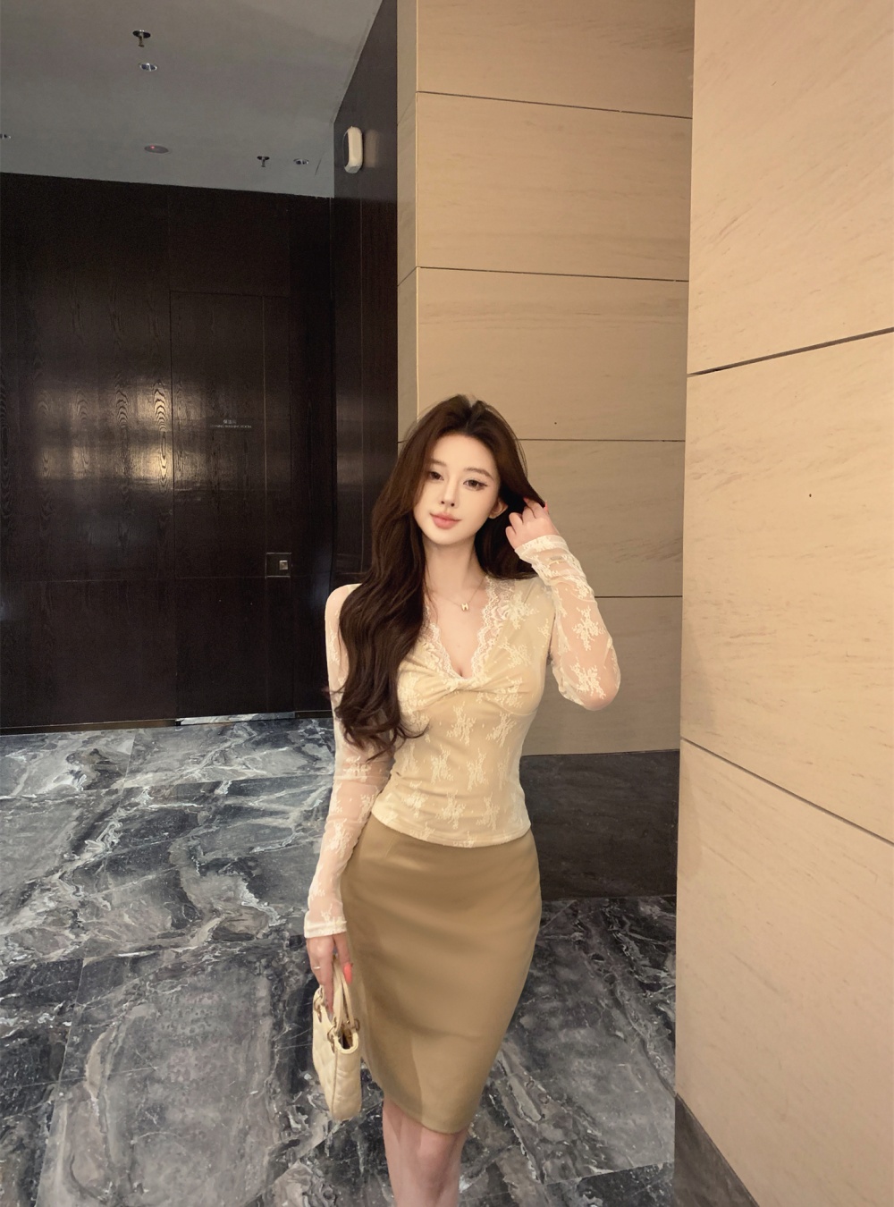 Lace enticement tops high waist package hip skirt for women