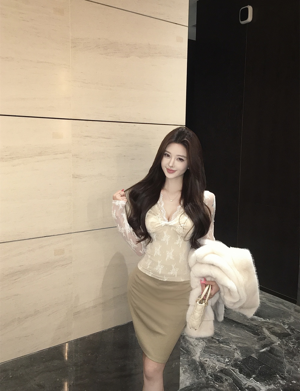 Lace enticement tops high waist package hip skirt for women