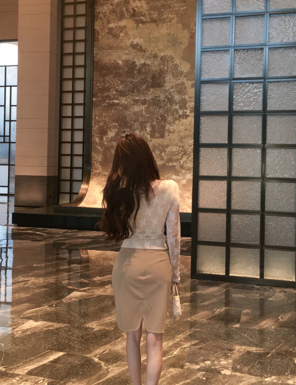 Lace enticement tops high waist package hip skirt for women