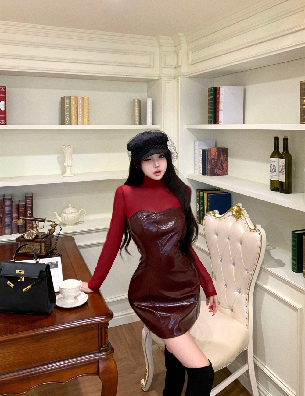 Wrapped chest dress pinched waist tops 2pcs set for women