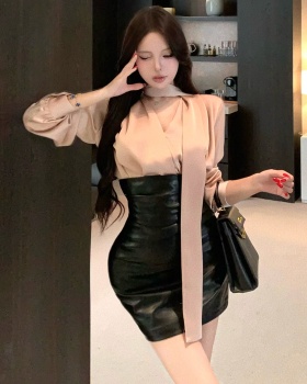 PU satin shirt spicegirl short skirt 2pcs set for women