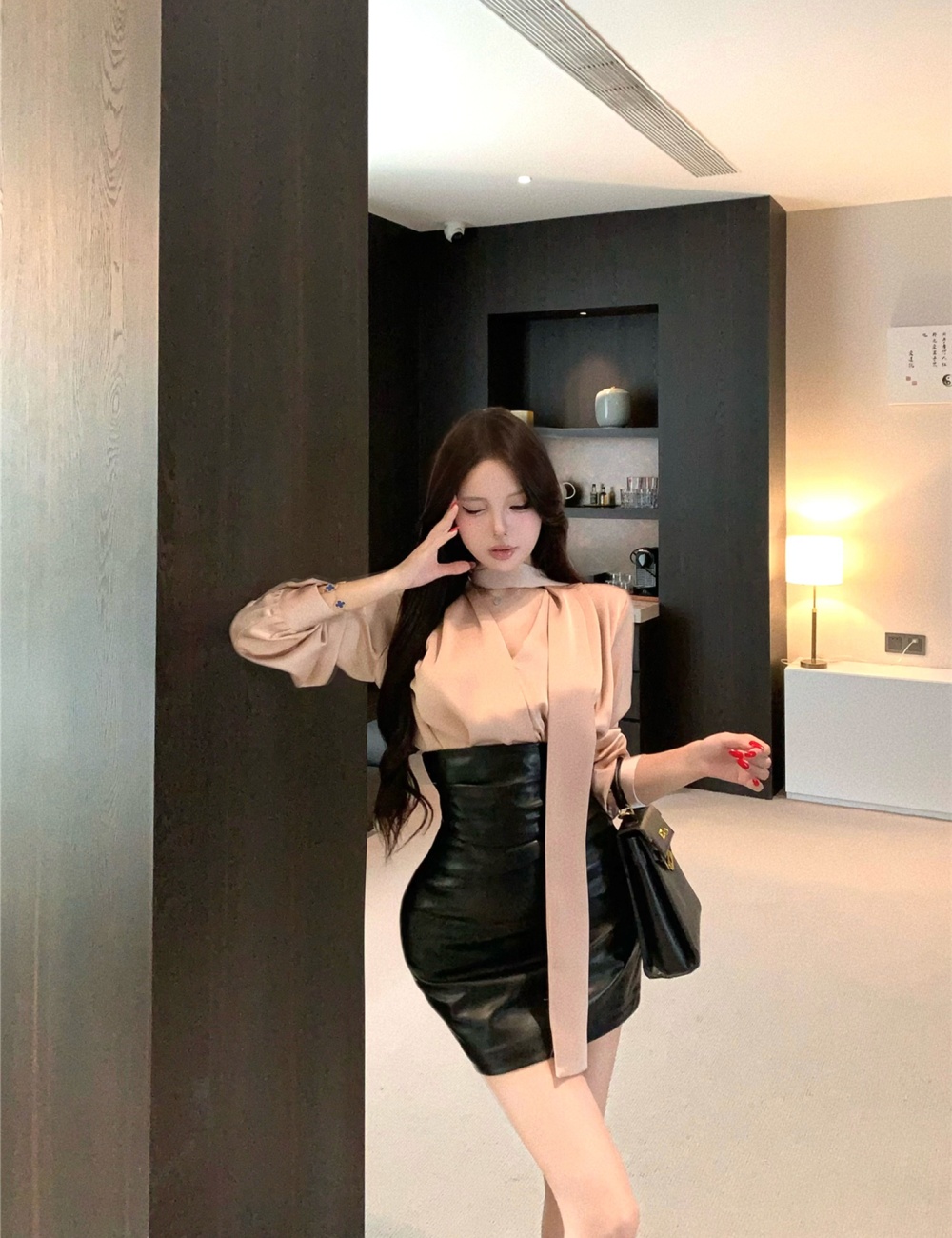 PU satin shirt spicegirl short skirt 2pcs set for women