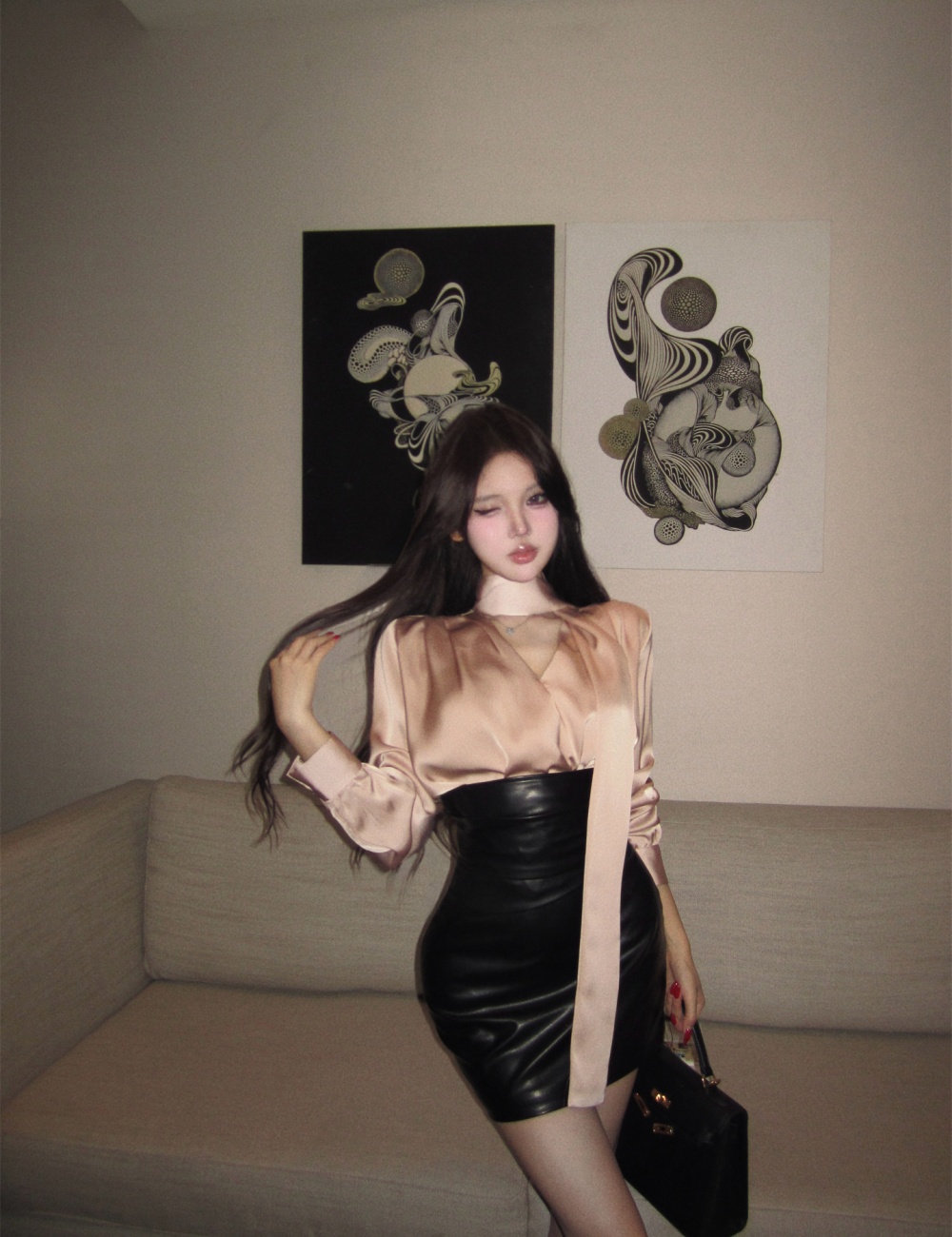 PU satin shirt spicegirl short skirt 2pcs set for women