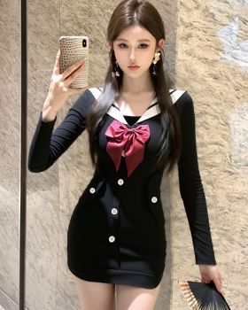 Lapel bow autumn and winter package hip slim dress