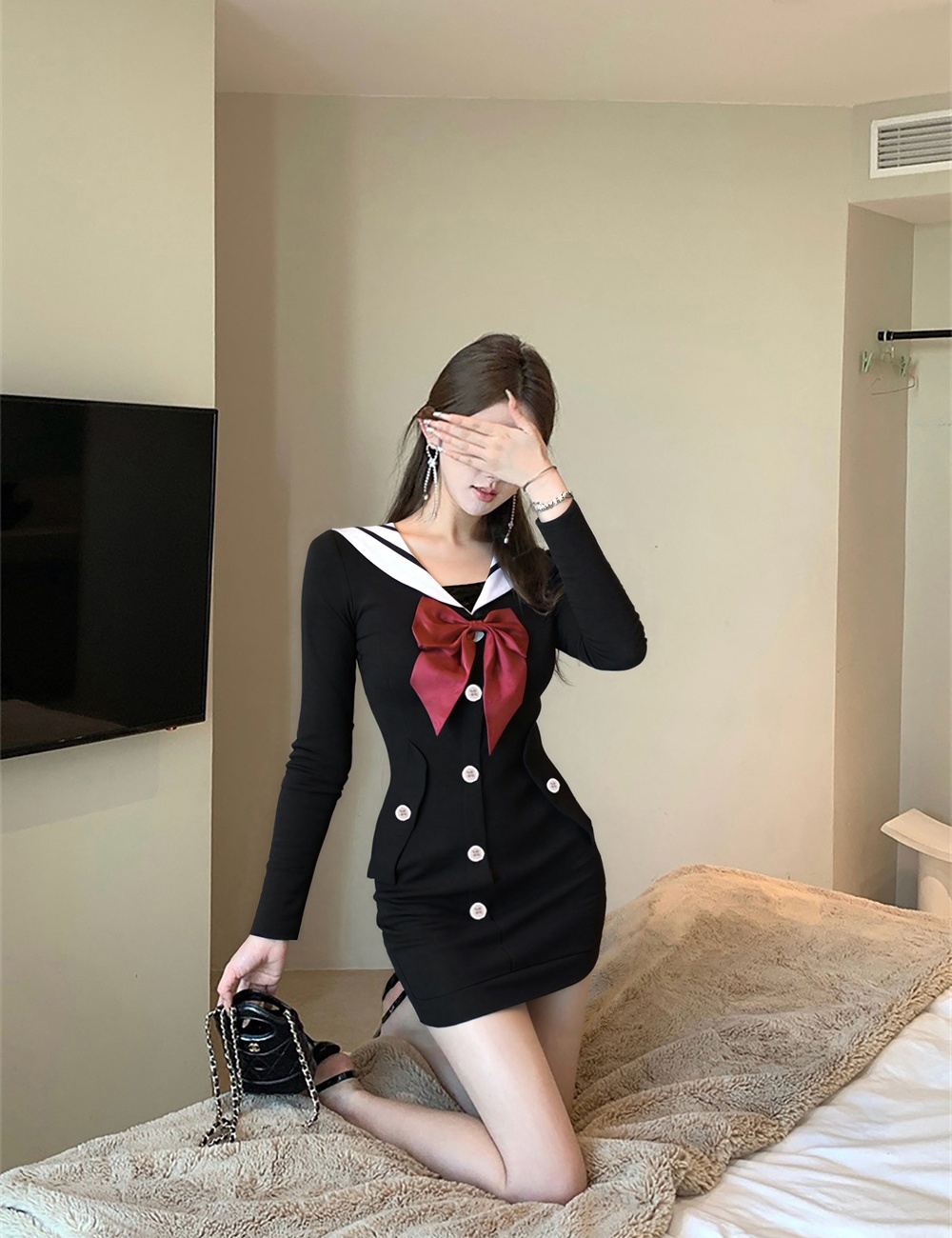 Lapel bow autumn and winter package hip slim dress