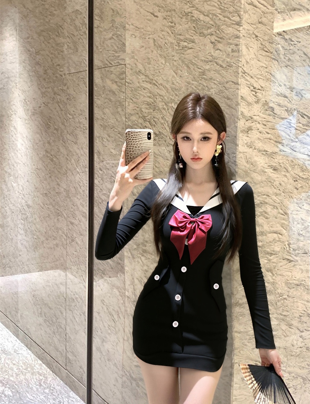 Lapel bow autumn and winter package hip slim dress
