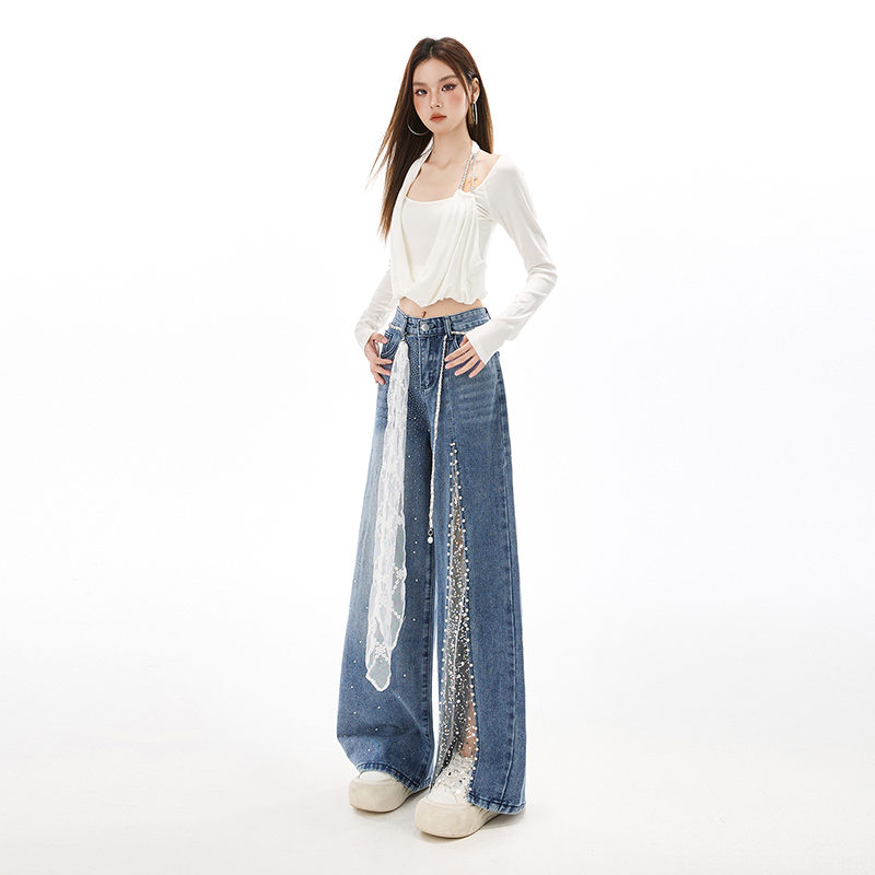 All-match hollow diamond splice wide leg rhinestone jeans