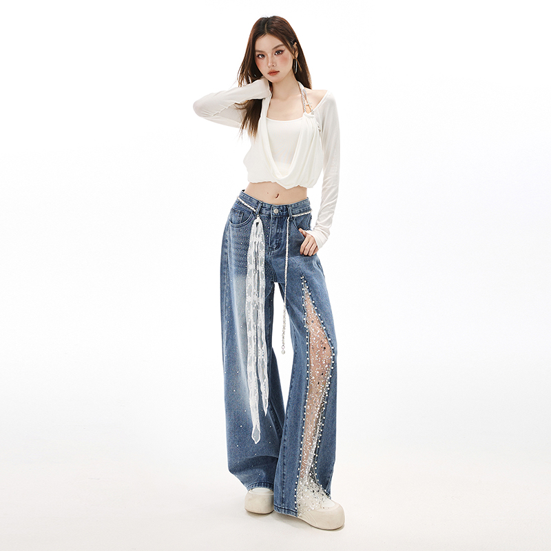 All-match hollow diamond splice wide leg rhinestone jeans