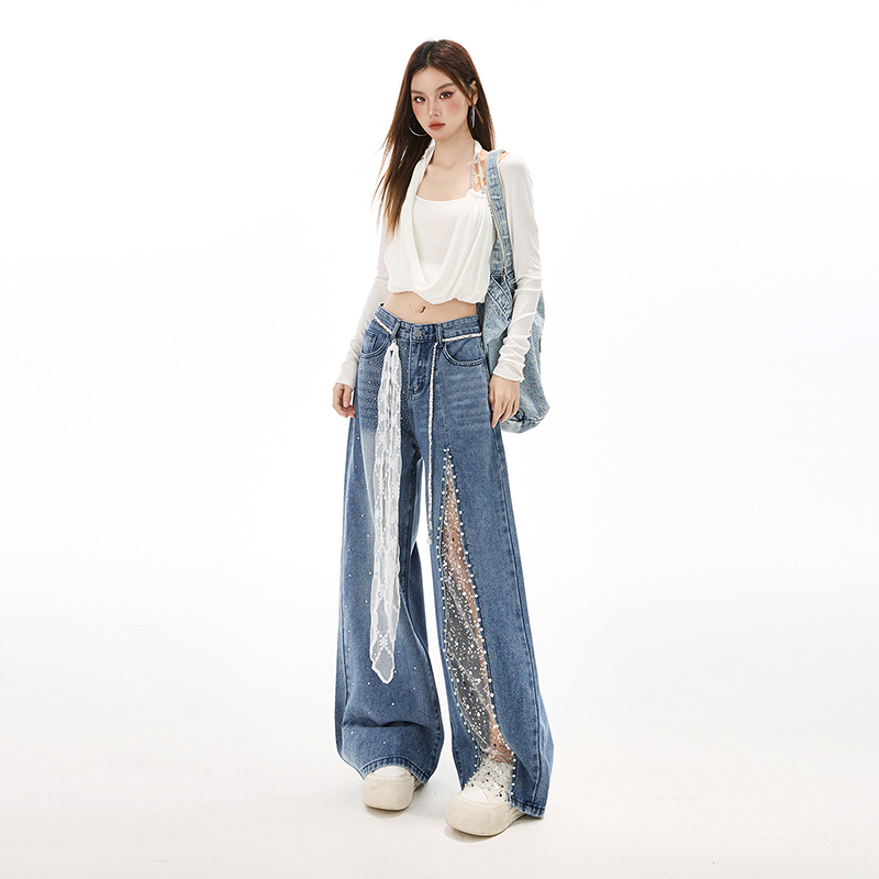All-match hollow diamond splice wide leg rhinestone jeans