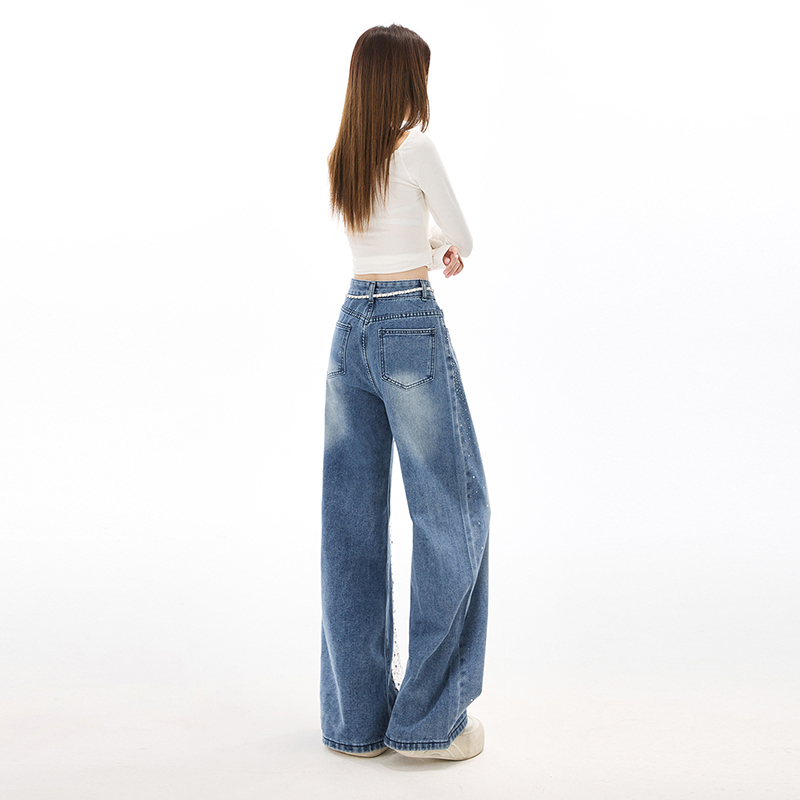 All-match hollow diamond splice wide leg rhinestone jeans