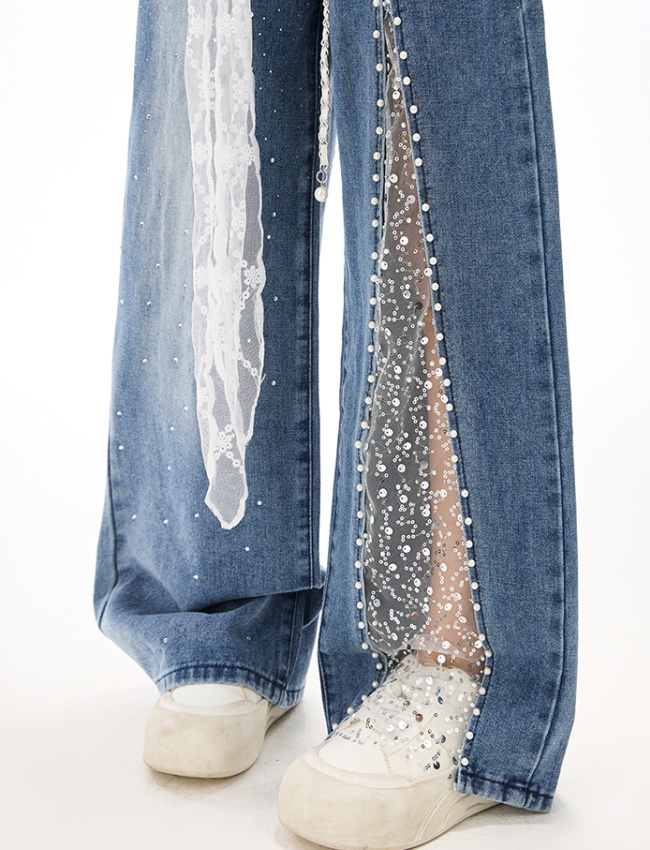 All-match hollow diamond splice wide leg rhinestone jeans