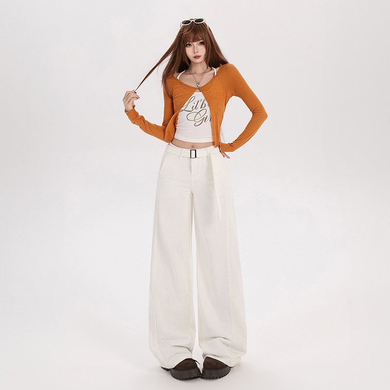 Loose drape spring pants wide leg with belt white jeans