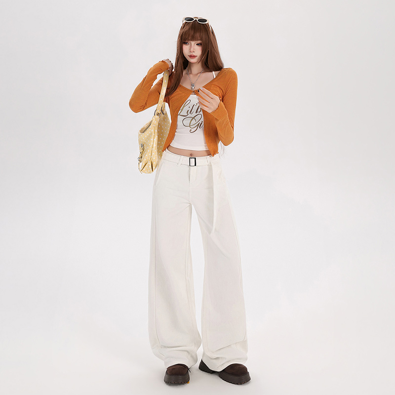 Loose drape spring pants wide leg with belt white jeans