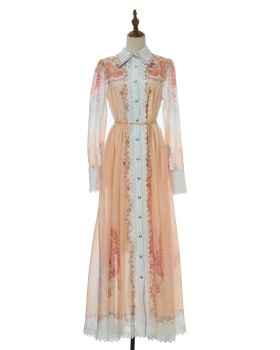 Printing splice big skirt long sleeve long lace lapel dress