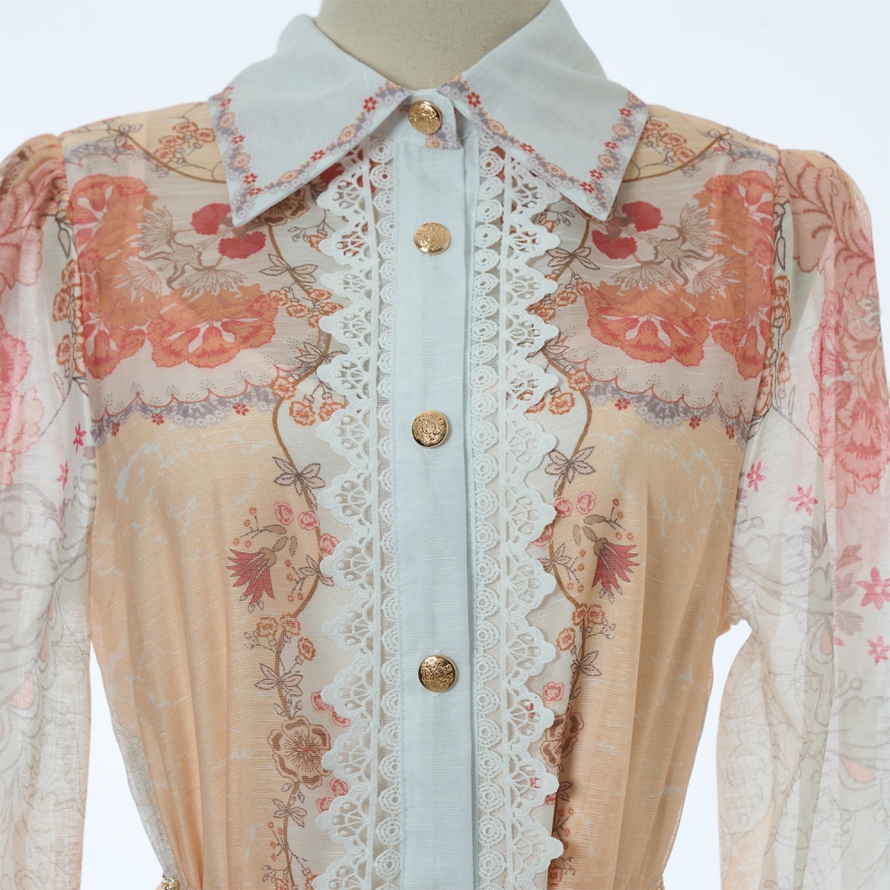 Printing splice big skirt long sleeve long lace lapel dress