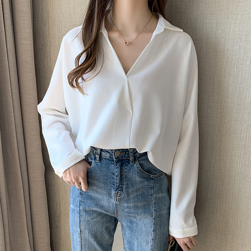 Long sleeve Korean style shirt spring V-neck tops for women