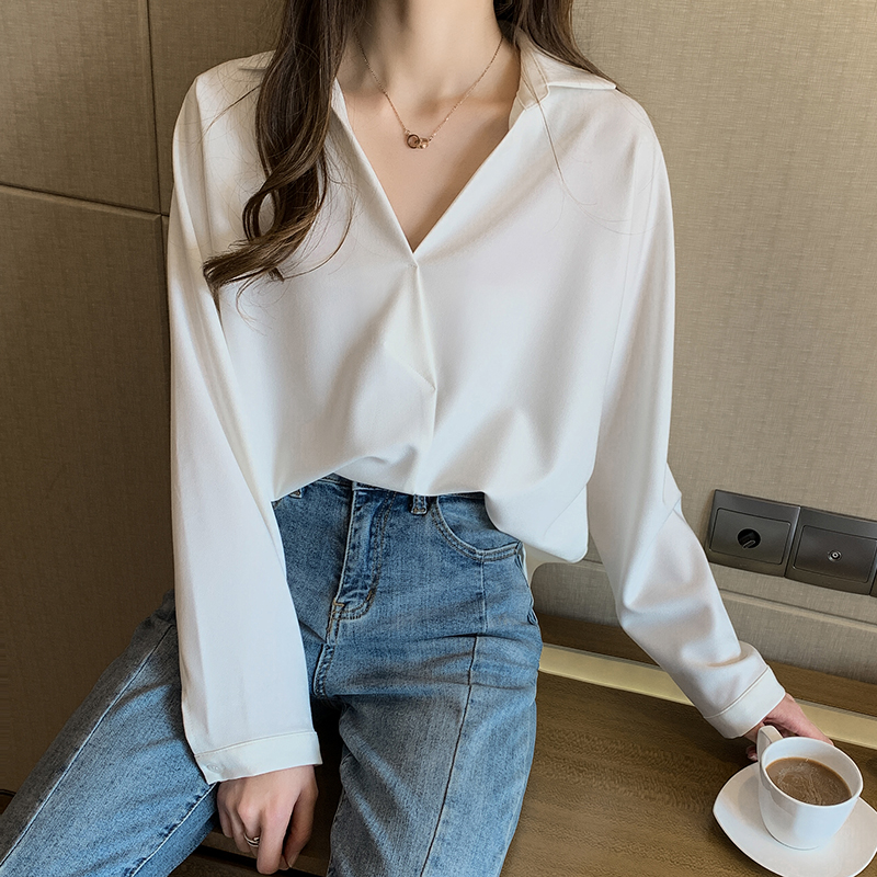 Long sleeve Korean style shirt spring V-neck tops for women