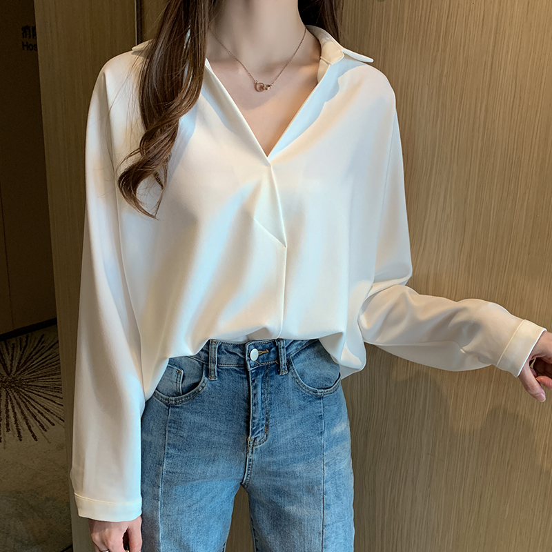 Long sleeve Korean style shirt spring V-neck tops for women