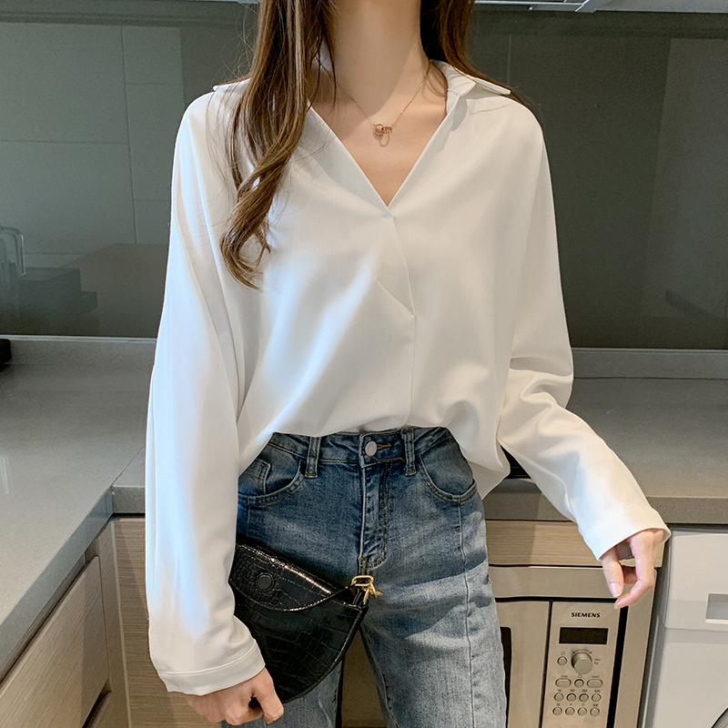 Long sleeve Korean style shirt spring V-neck tops for women