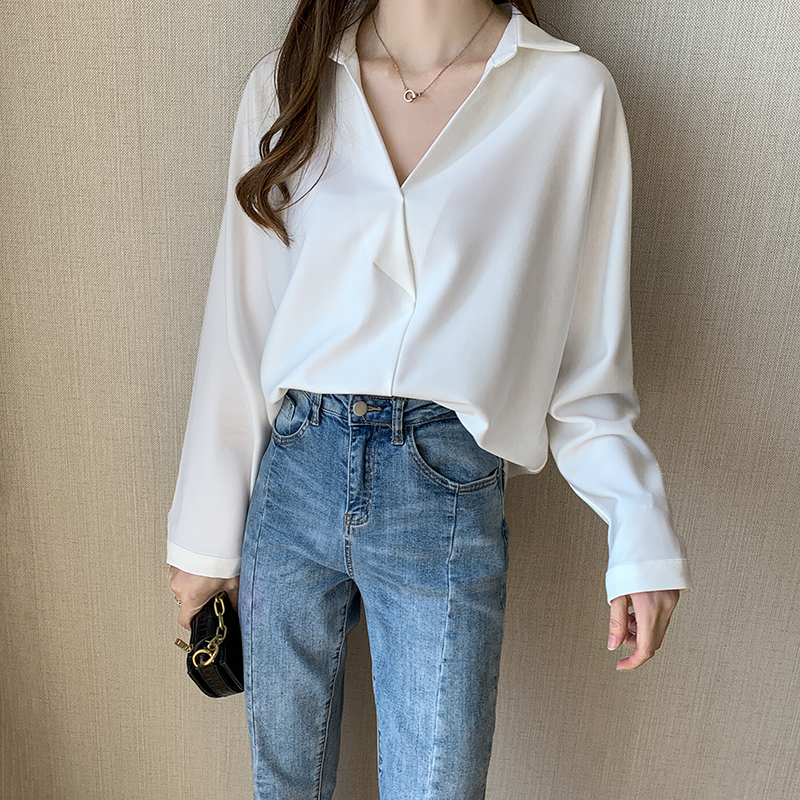 Long sleeve Korean style shirt spring V-neck tops for women