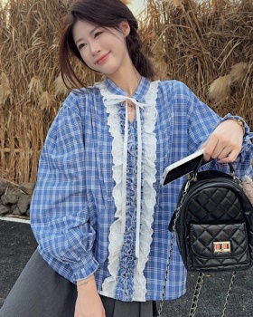 Frenum long sleeve shirt blue grid V-neck tops for women