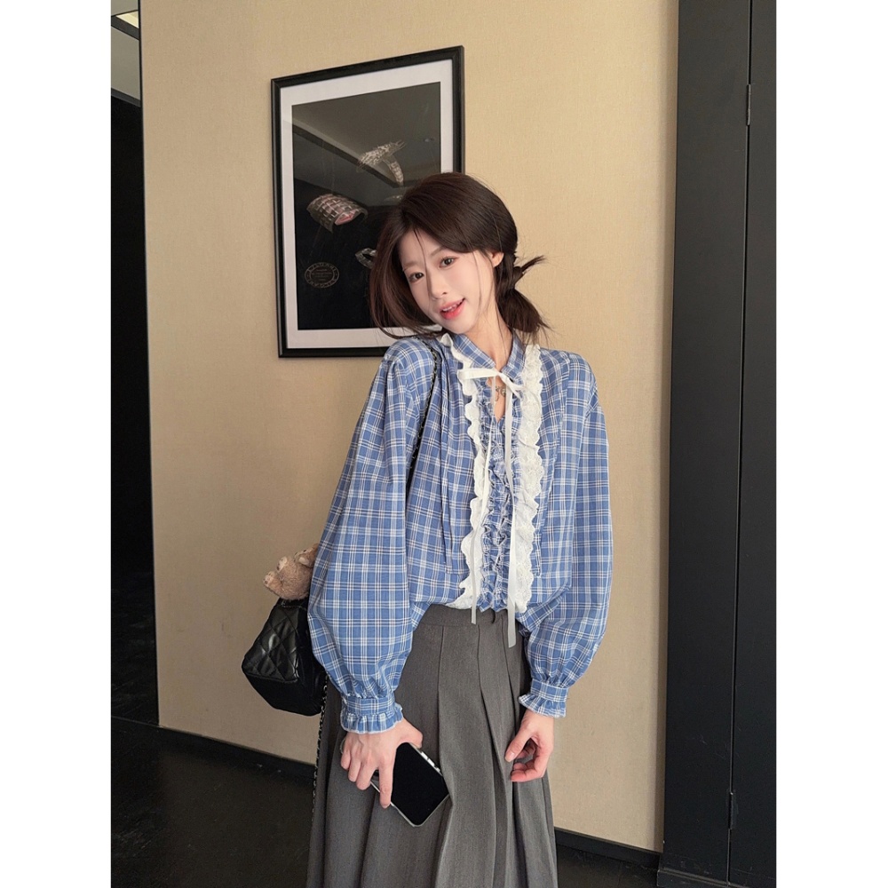 Frenum long sleeve shirt blue grid V-neck tops for women