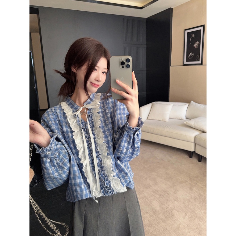 Frenum long sleeve shirt blue grid V-neck tops for women