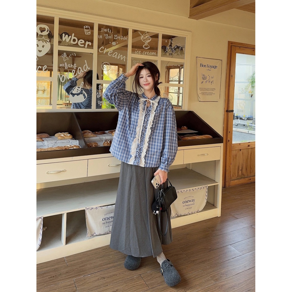 Frenum long sleeve shirt blue grid V-neck tops for women