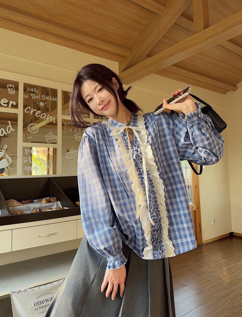 Frenum long sleeve shirt blue grid V-neck tops for women