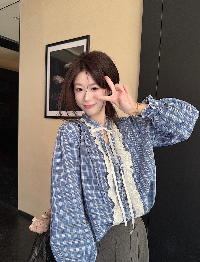 Frenum long sleeve shirt blue grid V-neck tops for women