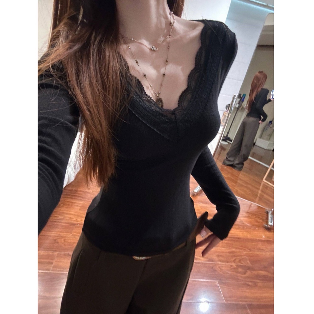 Lace slim tops spring and autumn V-neck T-shirt for women
