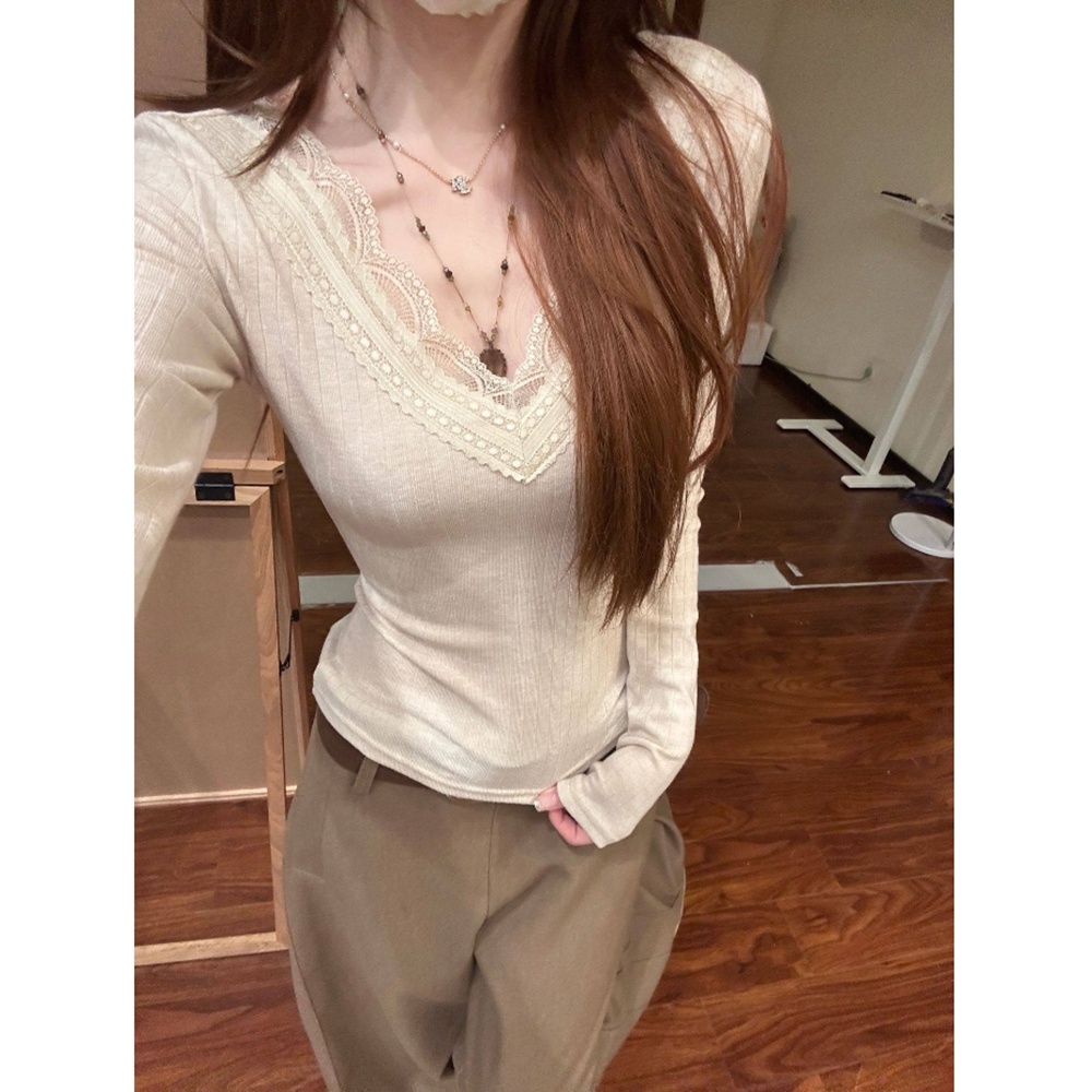Lace slim tops spring and autumn V-neck T-shirt for women