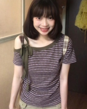 Stripe summer purple tops sloping shoulder strapless T-shirt