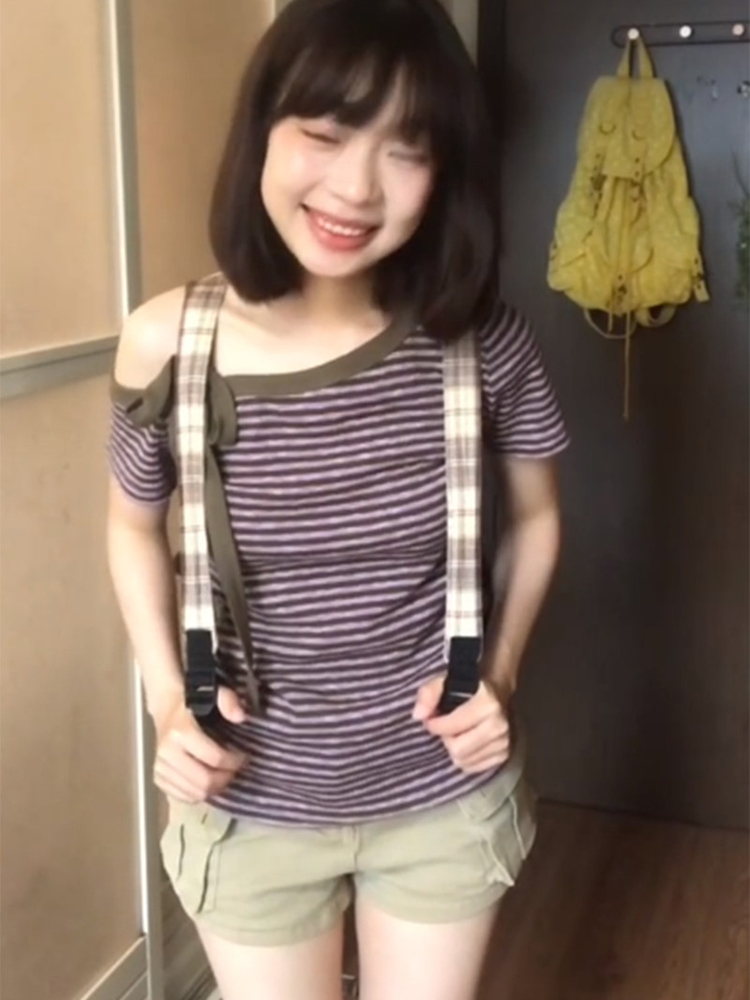 Stripe summer purple tops sloping shoulder strapless T-shirt