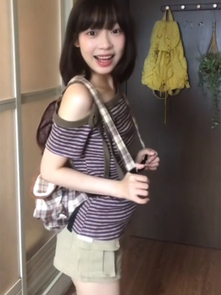 Stripe summer purple tops sloping shoulder strapless T-shirt