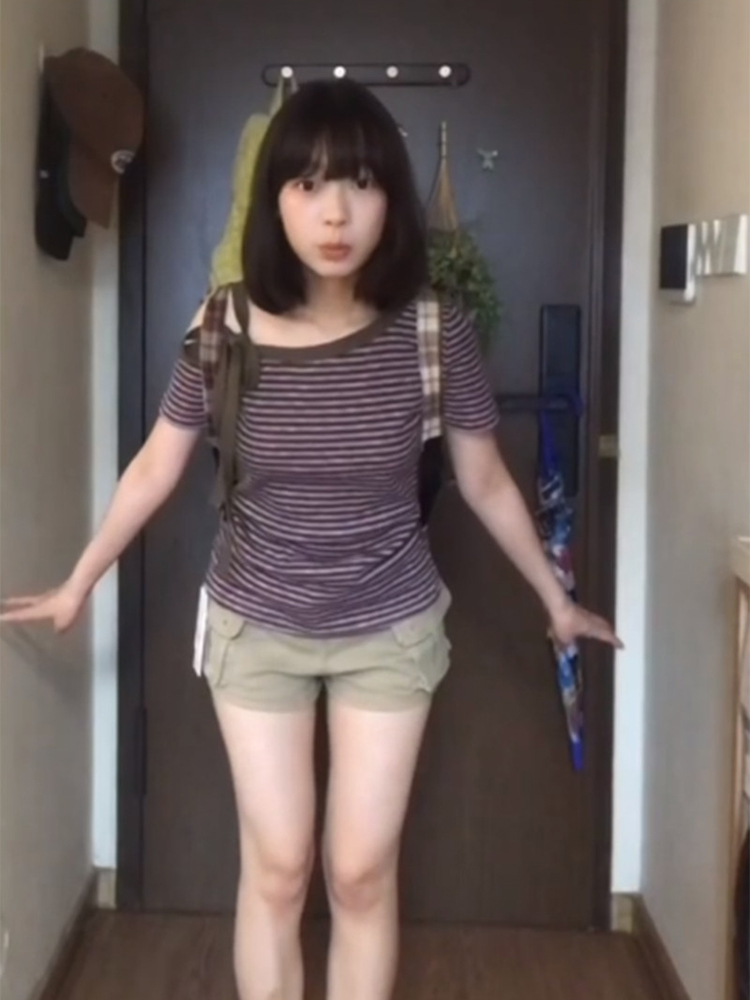 Stripe summer purple tops sloping shoulder strapless T-shirt